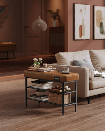 VASAGLE Banca pantofi 80x30x50 cm, cu rafturi si sezut tapitat, otel si piele PU, maro caramel [2]