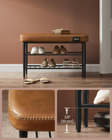 VASAGLE Banca pantofi 80x30x50 cm, cu rafturi si sezut tapitat, otel si piele PU, maro caramel [8]
