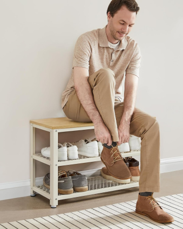 Banca pantofi cu 2 rafturi, cadru metalic si sezut din PAL, stil industrial, 73x30x45 cm, stejar si alb [5]