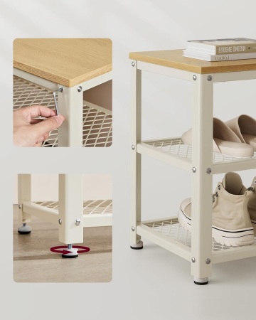 Banca pantofi cu 2 rafturi, cadru metalic si sezut din PAL, stil industrial, 73x30x45 cm, stejar si alb [4]