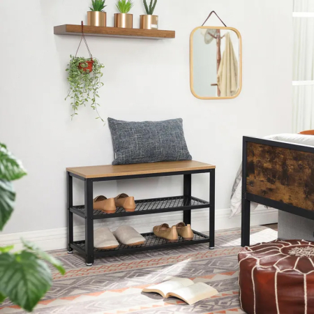 Banca pantofi cu 2 rafturi, cadru metalic si sezut din PAL, stil industrial, 73x30x45 cm, stejar si negru [5]
