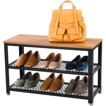 Banca pantofi cu 2 rafturi, cadru metalic si sezut din PAL, stil industrial, 73x30x45 cm, stejar si negru [2]