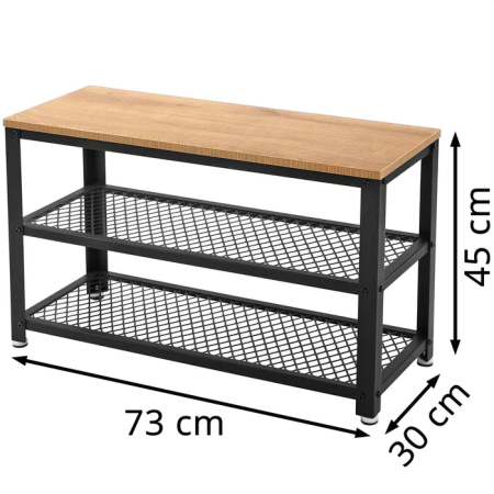 Banca pantofi cu 2 rafturi, cadru metalic si sezut din PAL, stil industrial, 73x30x45 cm, stejar si negru [1]