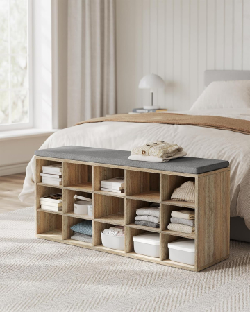 Banca pantofi cu sezut si perna, 15 compartimente deschise, PAL, 105x30x48 cm, gri stejar [8]