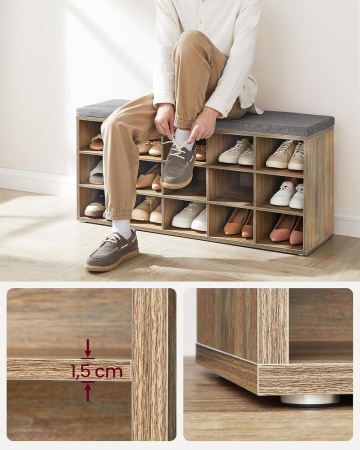 Banca pantofi cu sezut si perna, 15 compartimente deschise, PAL, 105x30x48 cm, gri stejar [5]