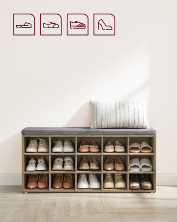 Banca pantofi cu sezut si perna, 15 compartimente deschise, PAL, 105x30x48 cm, gri stejar [7]