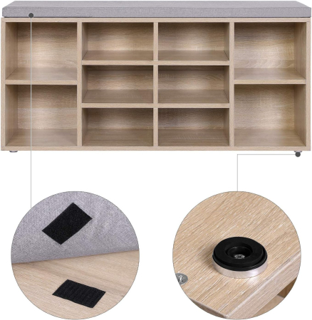 VASAGLE Banca pentru hol cu suport pentru pantofi, 10 compartimente, cu perna, 104x48x30cm, stejar [6]