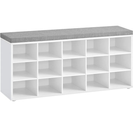 Pantofare - VASAGLE Banca pentru hol cu suport pentru pantofi, 15 compartimente, cu perna, 30x105x48cm, alb