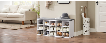 VASAGLE Banca pentru hol cu suport pentru pantofi, 15 compartimente, cu perna, 30x105x48cm, alb [7]