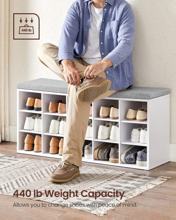VASAGLE Banca pentru hol cu suport pentru pantofi, 15 compartimente, cu perna, 30x105x48cm, alb [4]