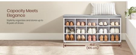 VASAGLE Banca pentru hol cu suport pentru pantofi, 15 compartimente, cu perna, 30x105x48cm, alb [8]