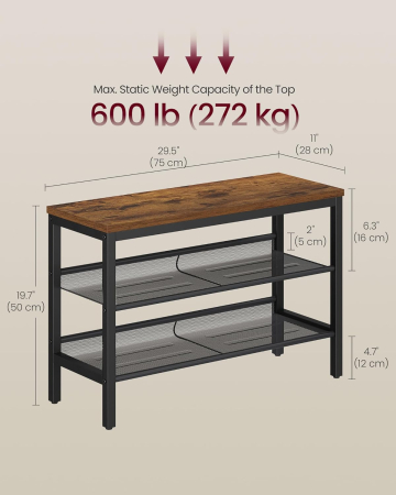 Banca pentru pantofi 3 rafturi, cu polite metalice si blat PAL, cadru otel, 75x28x50 cm, maro rustic [2]