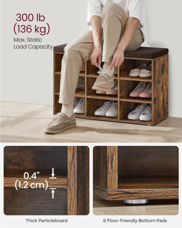Banca pentru pantofi cu sezut tapitat, 9 compartimente si rafturi reglabile, 79x30x48 cm, maro rustic [4]