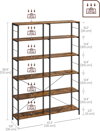 VASAGLE Biblioteca 6 rafturi, cadru metalic, stil industrial, 30x120x170 cm, maro rustic [1]