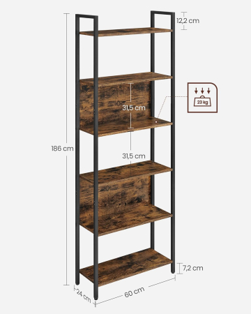 VASAGLE Biblioteca 60x24x186 cm, 6 rafturi, stil industrial, PAL si otel, maro rustic-negru [2]