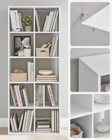 Biblioteca cu 10 compartimente, raft depozitare tip cuburi, stil scandinav, 66x30x162 cm, alb [1]