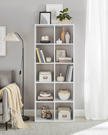 Biblioteca cu 10 compartimente, raft depozitare tip cuburi, stil scandinav, 66x30x162 cm, alb [5]