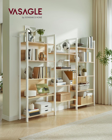 Biblioteca cu 14 rafturi din lemn, cadru metalic, 24x158x166cm, stil industrial, stejar auriu si alb [1]
