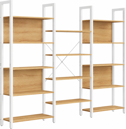 Living & hol - Biblioteca cu 14 rafturi din lemn, cadru metalic, 24x158x166cm, stil industrial, stejar auriu si alb