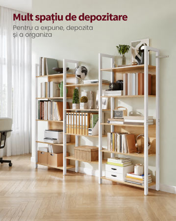 Biblioteca cu 14 rafturi din lemn, cadru metalic, 24x158x166cm, stil industrial, stejar auriu si alb [6]