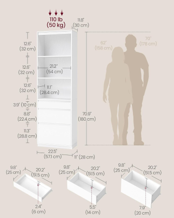 Biblioteca kailyn 3 sertare polite reglabile pal, 57x30x180 cm, design modern, alb [1]