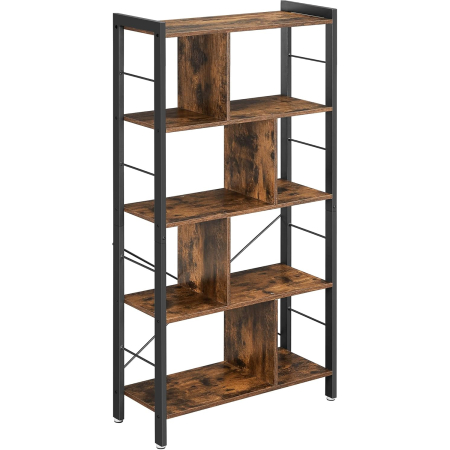 Mobila living - Biblioteca cu 4 rafturi, cadru metalic, stil industrial, 74x30x155 cm, maro rustic