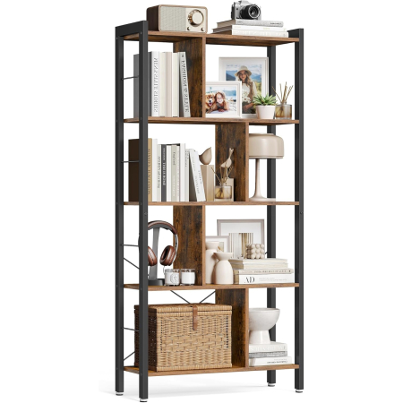 Biblioteca cu 4 rafturi, cadru metalic, stil industrial, 74x30x155 cm, maro rustic [8]