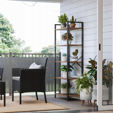 Biblioteca cu 5 etaje din lemn, cadru otel, stil industrial, 30x66x153cm, maro rustic si negru [10]