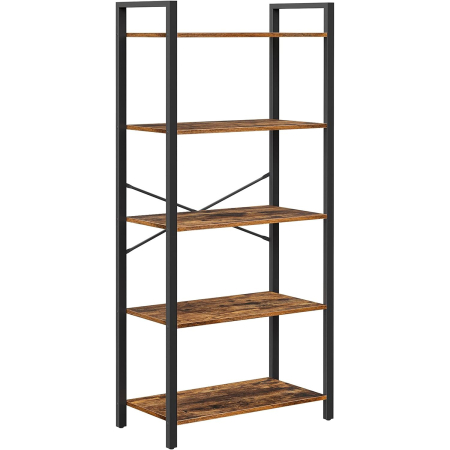 Living & hol - Biblioteca cu 5 etaje din lemn, cadru otel, stil industrial, 30x66x153cm, maro rustic si negru
