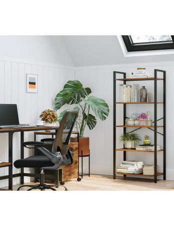 Biblioteca cu 5 etaje din lemn, cadru otel, stil industrial, 30x66x153cm, maro rustic si negru [11]