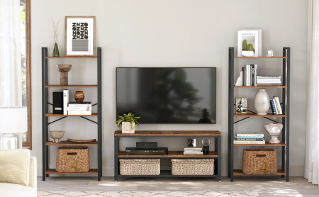 Biblioteca cu 5 etaje din lemn, cadru otel, stil industrial, 30x66x153cm, maro rustic si negru [1]