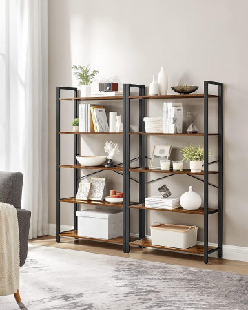 Biblioteca cu 5 etaje din lemn, cadru otel, stil industrial, 30x66x153cm, maro rustic si negru [2]