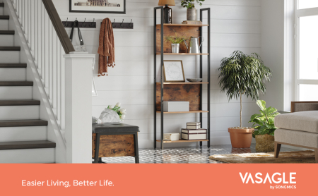 VASAGLE Biblioteca cu 5 rafturi de depozitare, cadru otel, stil industrial, 62x24x165cm, maro rustic si negru [7]