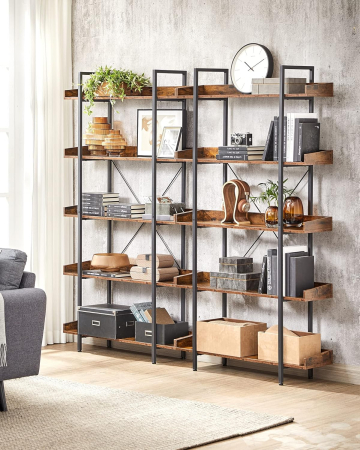 Biblioteca cu 5 rafturi tip tava cu margini de protectie, structura metalica, stil industrial, 100x28x178 cm, maro rustic [8]