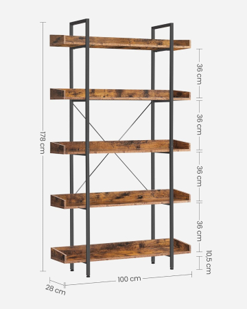 Biblioteca cu 5 rafturi tip tava cu margini de protectie, structura metalica, stil industrial, 100x28x178 cm, maro rustic [1]