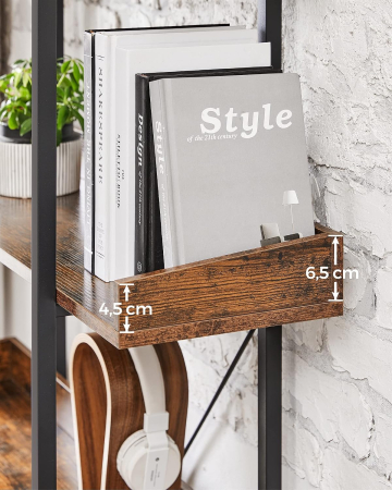 Biblioteca cu 5 rafturi tip tava cu margini de protectie, structura metalica, stil industrial, 100x28x178 cm, maro rustic [5]