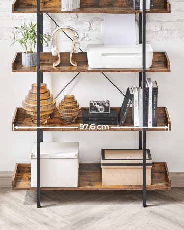 Biblioteca cu 5 rafturi tip tava cu margini de protectie, structura metalica, stil industrial, 100x28x178 cm, maro rustic [4]