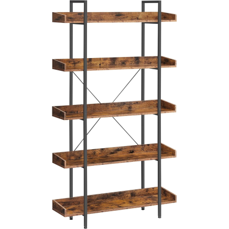 Mobila living - Biblioteca cu 5 rafturi tip tava cu margini de protectie, structura metalica, stil industrial, 100x28x178 cm, maro rustic