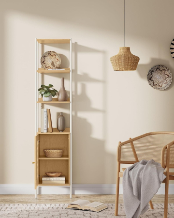 VASAGLE Biblioteca cu 6 etaje, cadru metalic, usa cu efect ratan Boho, 30x40x175 cm, alb si bej [5]