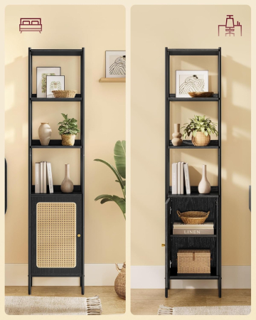 VASAGLE Biblioteca cu 6 etaje, cadru metalic, usa cu efect ratan Boho, 30x40x175 cm, negru [8]