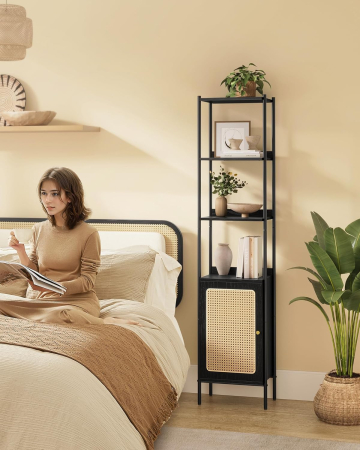 VASAGLE Biblioteca cu 6 etaje, cadru metalic, usa cu efect ratan Boho, 30x40x175 cm, negru [9]