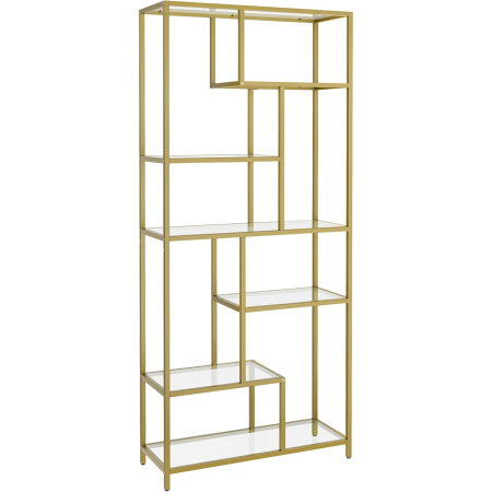 Living & hol - Biblioteca cu 6 polite din sticla securizata si cadru din otel, 80x30x180 cm, auriu