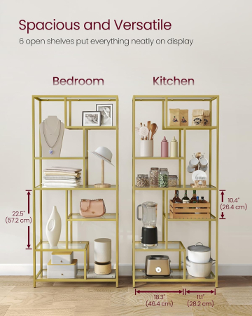 Biblioteca cu 6 polite din sticla securizata si cadru din otel, 80x30x180 cm, auriu [2]