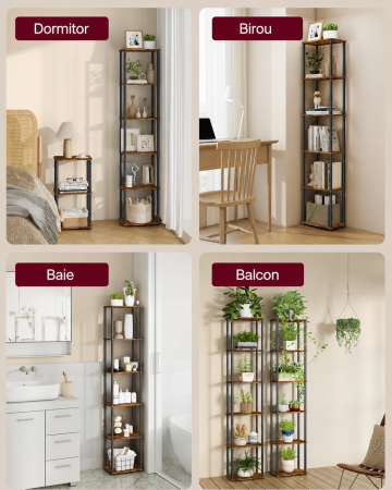 Biblioteca cu 6 rafturi, cadru metalic, stil industrial, 38x24x173 cm, maro rustic [5]