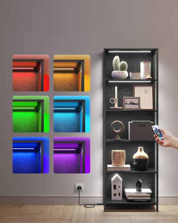 Biblioteca cu 6 rafturi si iluminare LED reglabila 25 culori, cadru metalic, 30x60x179 cm, negru [3]