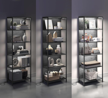 Biblioteca cu 6 rafturi si iluminare LED reglabila 25 culori, cadru metalic, 30x60x179 cm, negru [4]