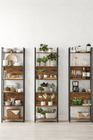 Biblioteca cu 6 rafturi, stil industrial, cadru metalic si PAL, 128x24x187 cm, maro rustic [1]