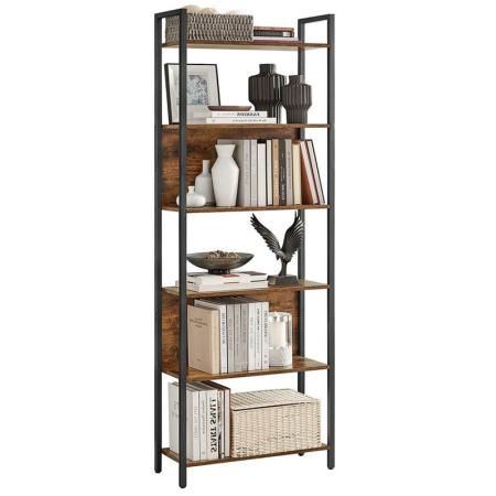 Living & hol - Biblioteca cu 6 rafturi, stil industrial, cadru metalic si PAL, 128x24x187 cm, maro rustic