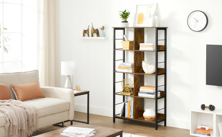 VASAGLE Biblioteca cu rafturi deschise, 8 compartimente, design industrial, 80x33x149cm, maro retro si negru [2]
