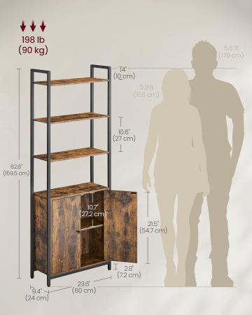 Biblioteca cu rafturi deschise si dulap integrat, cadru metalic si PAL, 24x60x160 cm, maro rustic [2]